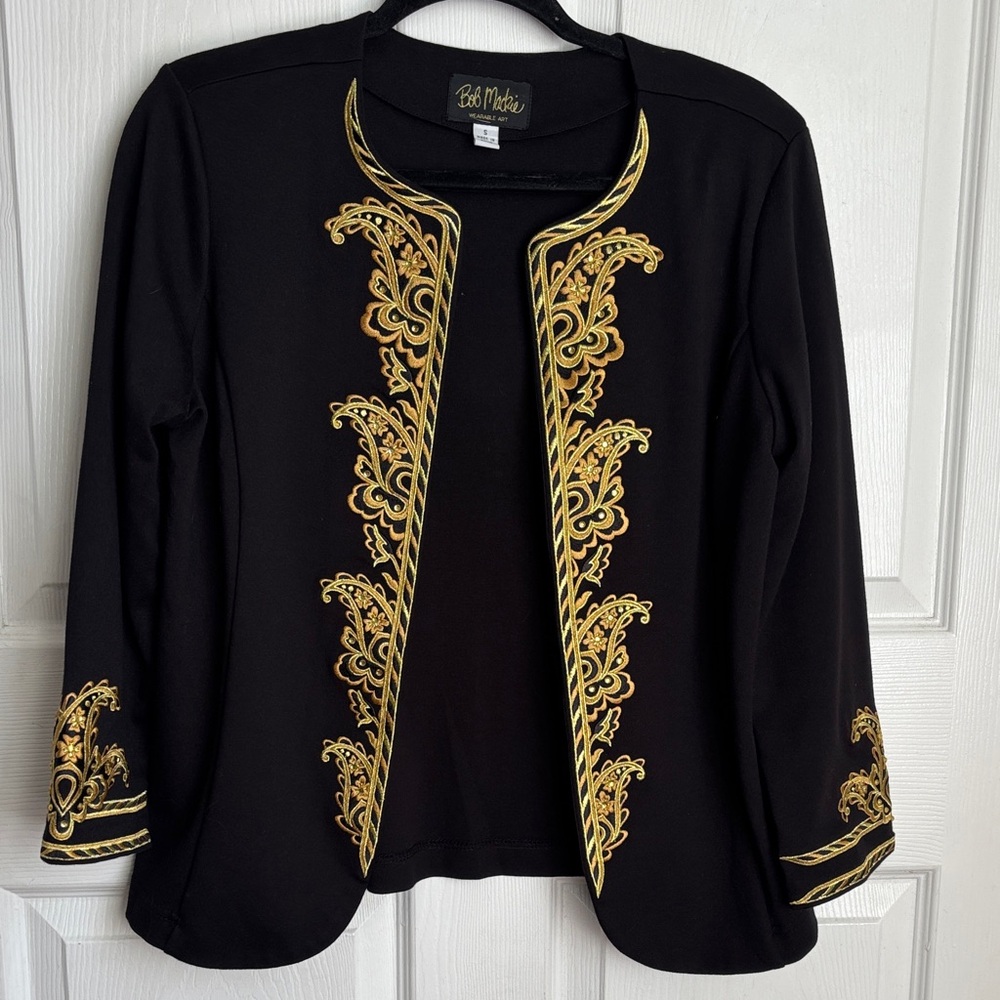 Bob Mackie Black Jacket with Gold Embroidered Trim and Open Front